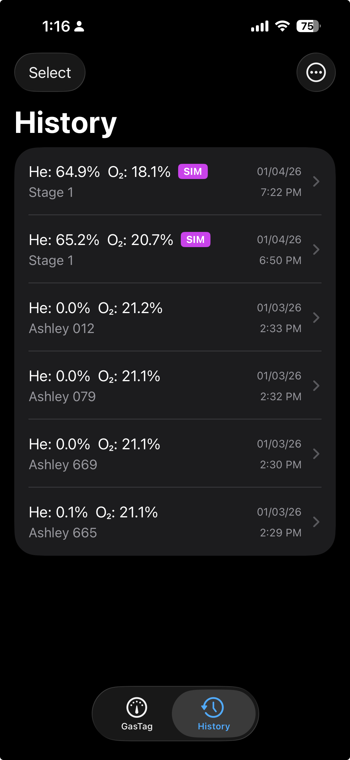 GasTag gas log history screen