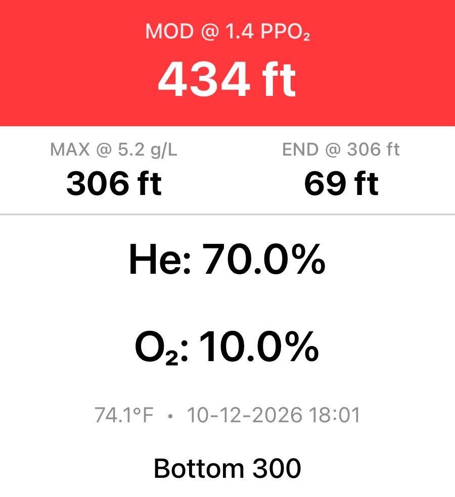 GasTag label for 10/70 trimix showing MOD 434 ft, max depth 306 ft at 5.2 g/L and END 69 ft