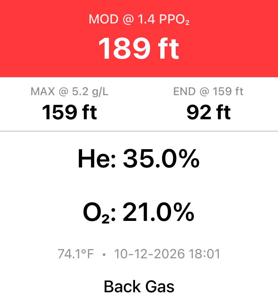 GasTag label for 21/35 trimix showing MOD 189 ft, max depth 159 ft at 5.2 g/L and END 92 ft
