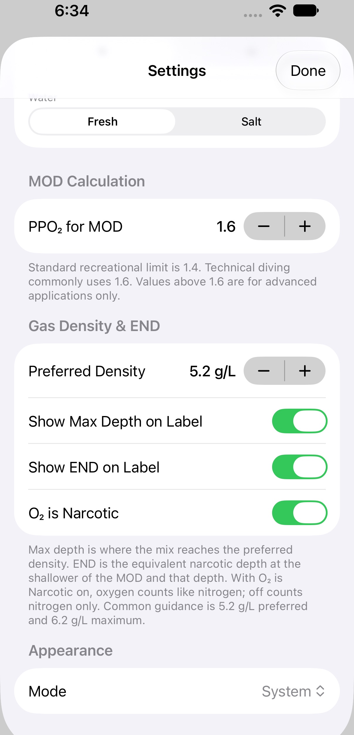 GasTag Settings showing water type, preferred density, and toggles for max depth, END and O₂ is narcotic