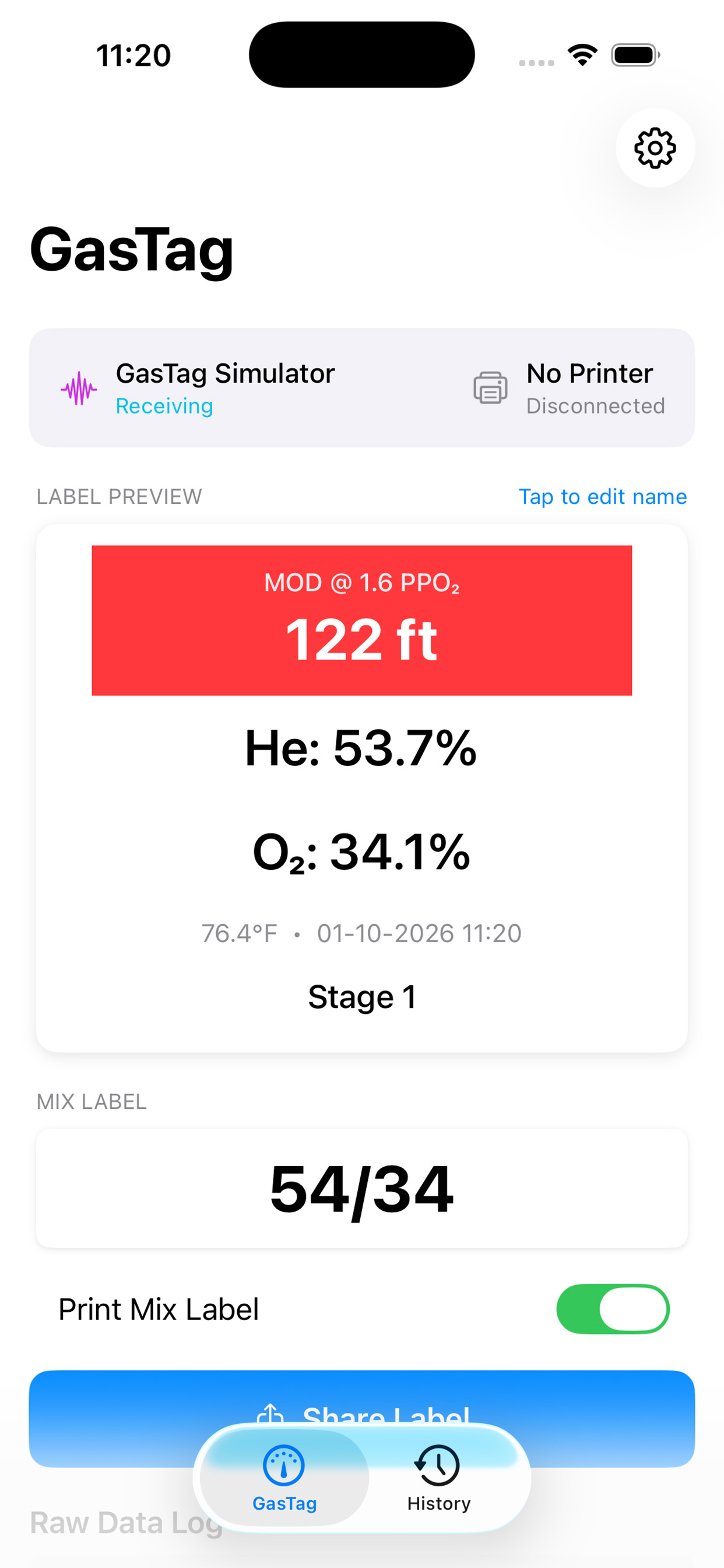 GasTag app showing gas readings and label preview